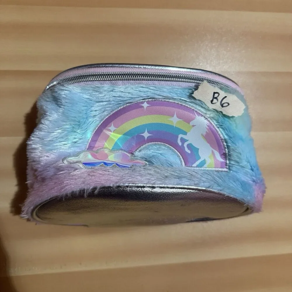 Kids Unicorn Rainbow Girls Makeup Bag Furry Fuzzy Zipper Cosmetic Tote Bag